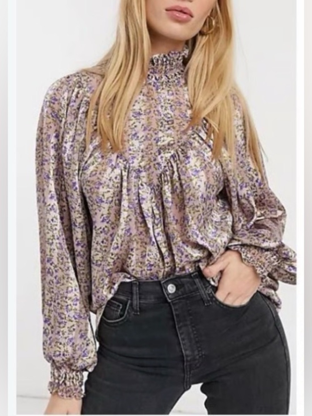 ASOS Lavender Floral High-Neck Satin Blouse
